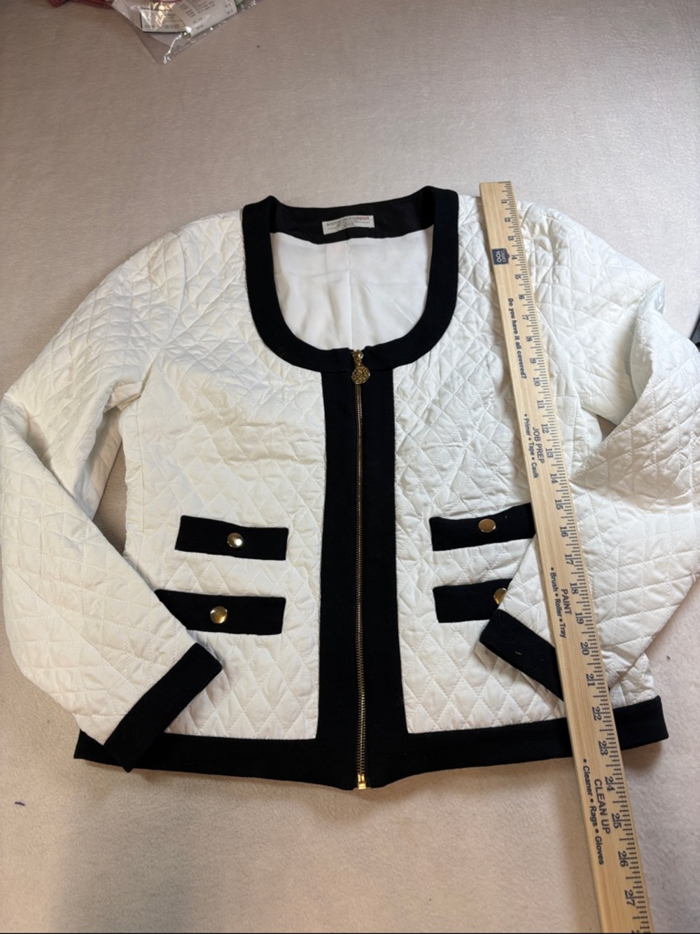 Boston Proper White Quilted Jacket with Black Trim and Gold Accents